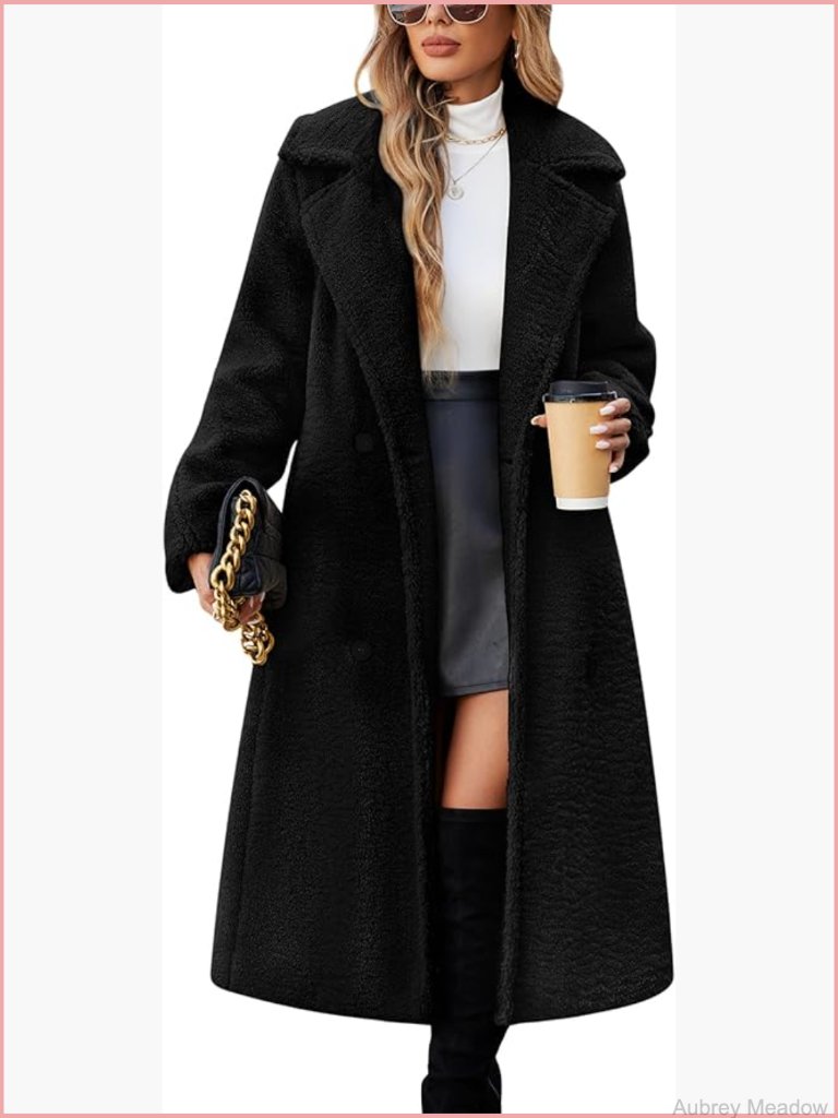Women Fleece Long Coat Sherpa Cardigan Lapel Trench Jacket Oversized Button